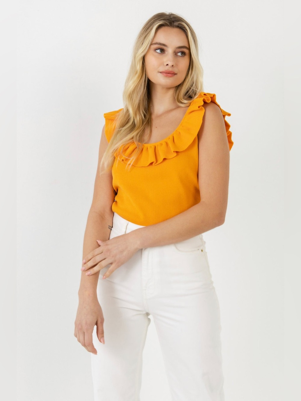 Endless Rose Ruffle Neck Knit Top in tangerine, size Small NWT